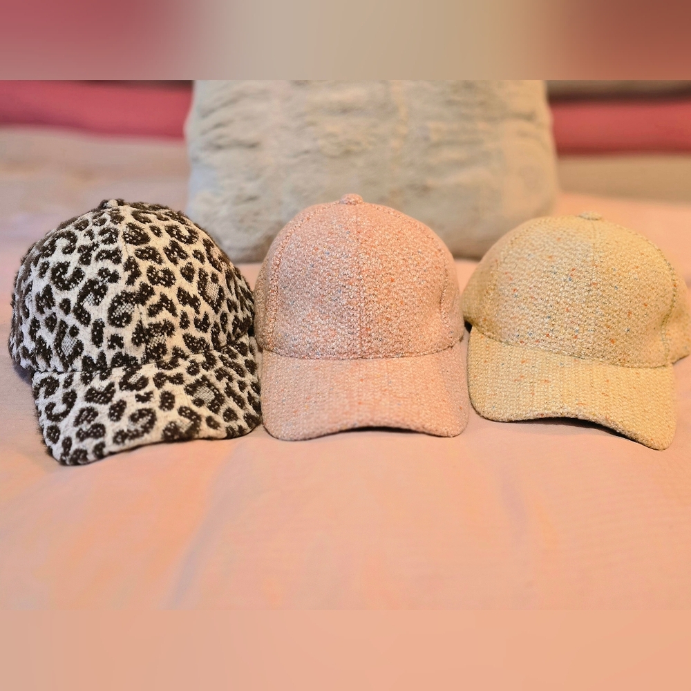 (3) Chic Tweed Winter Baseball Caps Yellow, Pink & Leopard by Lulla Collection - Picture 3 of 15